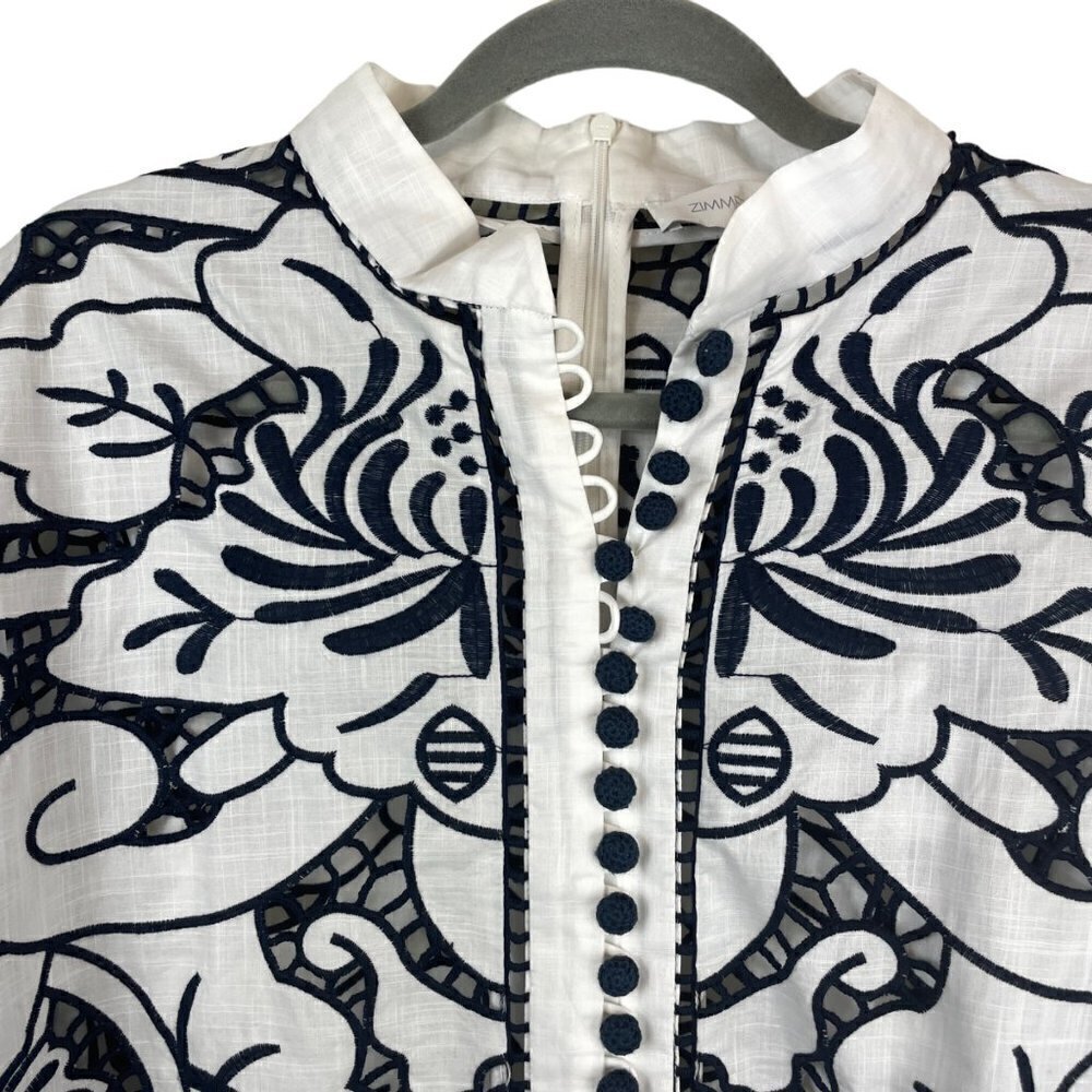 Zimmermann Embroidered Tie-Fastening Button Front Midi Dress Bianco 3 (US 10) - Picture 6 of 13